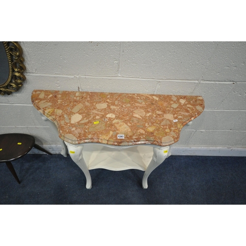 1241 - A WHITE PAINTED SERPENTINE MARBLE TOP SIDE TABLE, on cabriole legs, united by an undershelf, width 1... 