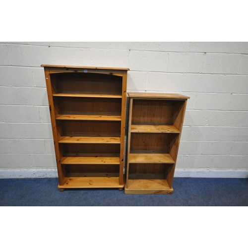 1242 - A SLIM PINE BOOKCASE, with four loose shelves, on bun feet, width 88cm x depth 29cm x height 153cm, ... 