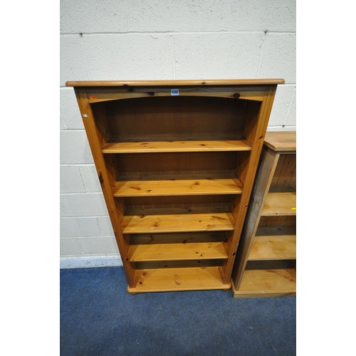 1242 - A SLIM PINE BOOKCASE, with four loose shelves, on bun feet, width 88cm x depth 29cm x height 153cm, ... 