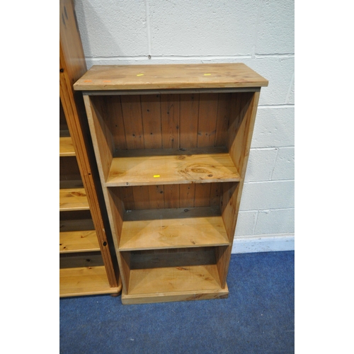 1242 - A SLIM PINE BOOKCASE, with four loose shelves, on bun feet, width 88cm x depth 29cm x height 153cm, ... 