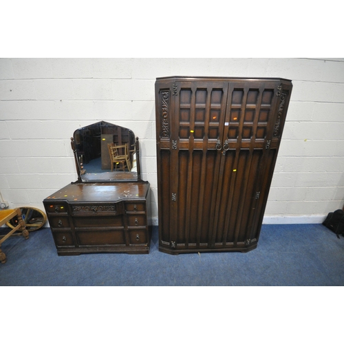 1246 - A 20TH CENTURY OAK TWO PIECE BEDROOM SUITE, comprising a  double door wardrobe, width 123cm x depth ... 