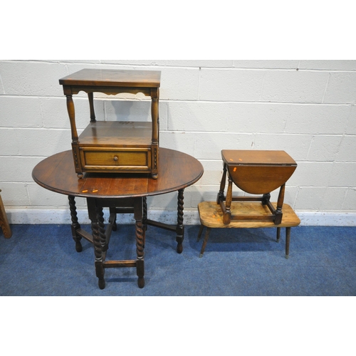 1247 - A 20TH CENTURY OAK OVAL BARLEY TWIST GATE LEG TABLE, open width 106cm x closed width 39cm x depth 77... 