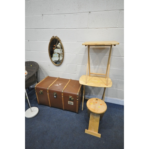 1249 - A SELECTION OF OCCASIONAL FURNITURE, to include a wooden banded travelling trunk, two folding tables... 