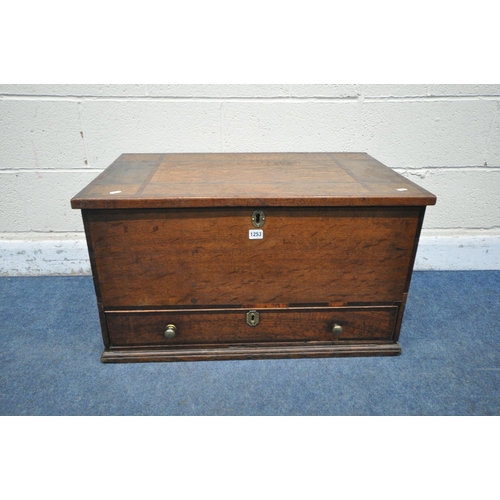 1253 - A SMALL GEORGIAN AND LATER OAK AND INLAID MULE CHEST, the inner lid depicting a carved coat of arms,... 