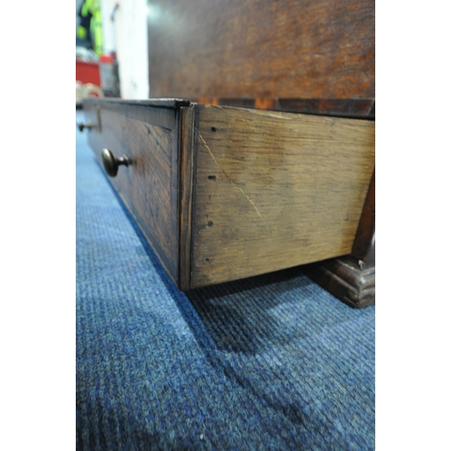 1253 - A SMALL GEORGIAN AND LATER OAK AND INLAID MULE CHEST, the inner lid depicting a carved coat of arms,... 