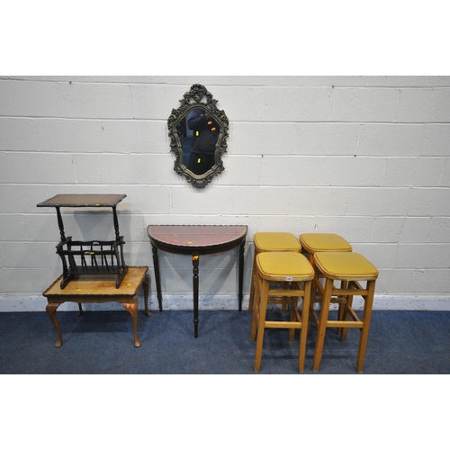 1261 - A SELECTION OF OCCASIONAL FURNITURE, to include a set of four beech stools, a gilt resin foliate wal... 