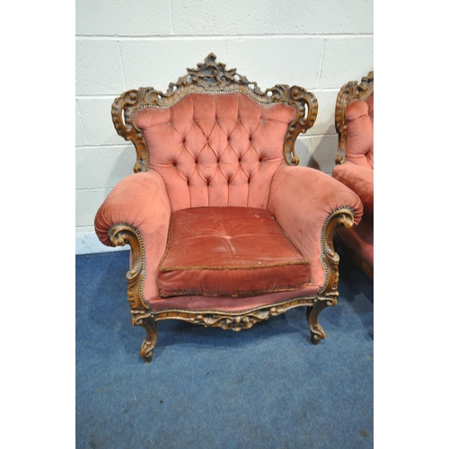 1266 - A SET OF FOUR REPRODUCTION VICTORIAN STYLE ARMCHAIRS, the frame with foliate detailing all over, pin... 