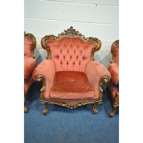 1266 - A SET OF FOUR REPRODUCTION VICTORIAN STYLE ARMCHAIRS, the frame with foliate detailing all over, pin... 