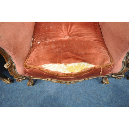 1266 - A SET OF FOUR REPRODUCTION VICTORIAN STYLE ARMCHAIRS, the frame with foliate detailing all over, pin... 