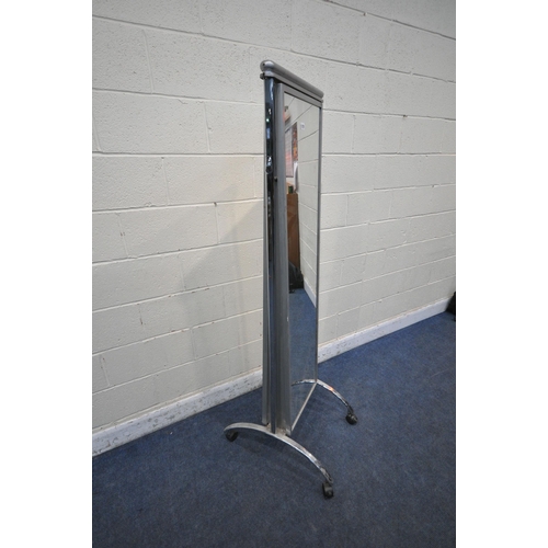 1270 - A CHROME FRAME DOUBLE SIDED SHOP CHEVAL MIRROR, with a grey painted wooden top rail and frame, a coa... 