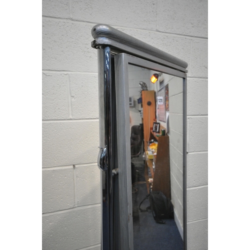 1270 - A CHROME FRAME DOUBLE SIDED SHOP CHEVAL MIRROR, with a grey painted wooden top rail and frame, a coa... 