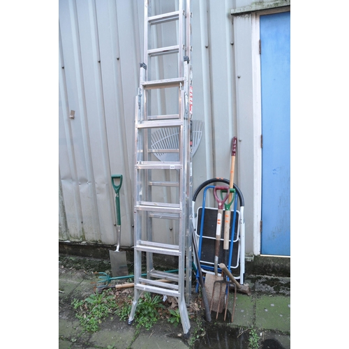 1010 - AN ALUMINIUM DOUBLE EXTENSION LADDER  with 13 rungs to each 350cm length, two step ladders and a col... 