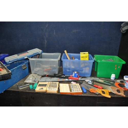 1063 - THREE PLASTIC BOXES AND A TOOLBOX CONTAINING TOOLS including Spear and Jackson and Bahco saws, spade... 