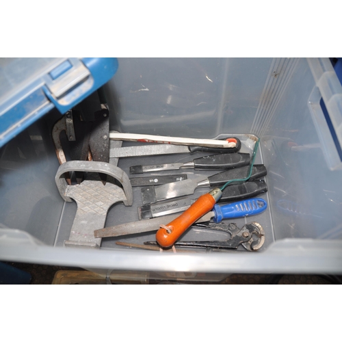 1063 - THREE PLASTIC BOXES AND A TOOLBOX CONTAINING TOOLS including Spear and Jackson and Bahco saws, spade... 