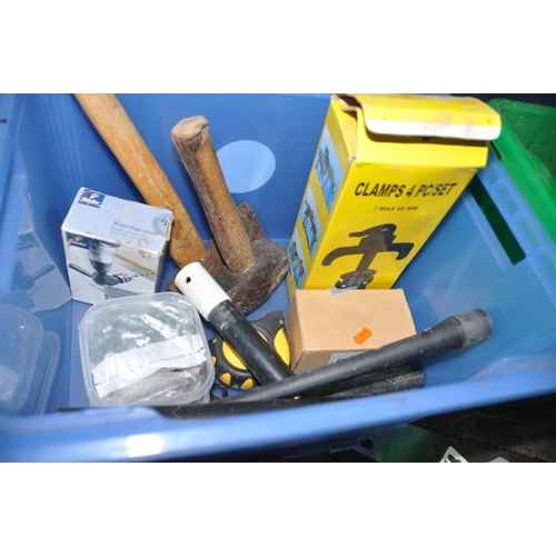 1063 - THREE PLASTIC BOXES AND A TOOLBOX CONTAINING TOOLS including Spear and Jackson and Bahco saws, spade... 