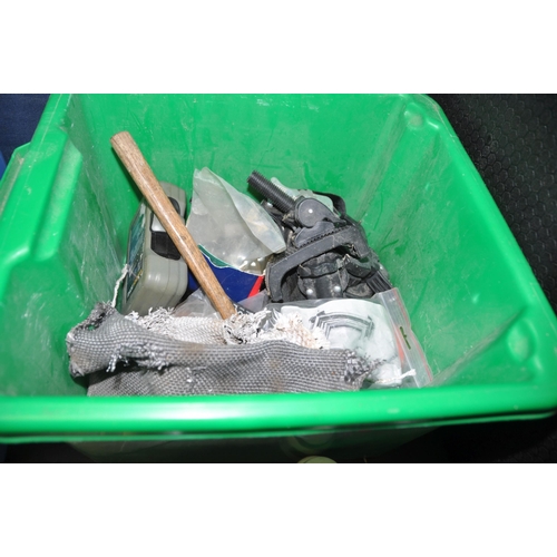 1063 - THREE PLASTIC BOXES AND A TOOLBOX CONTAINING TOOLS including Spear and Jackson and Bahco saws, spade... 