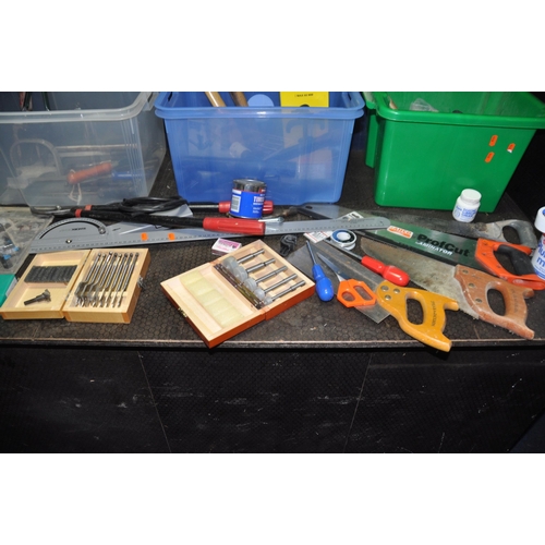 1063 - THREE PLASTIC BOXES AND A TOOLBOX CONTAINING TOOLS including Spear and Jackson and Bahco saws, spade... 