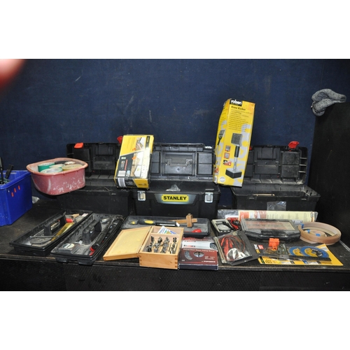 1064 - THREE TOOLBOXES INCLUDING TOOLS including a Mitoyu combination square, two router bit sets, a Stanle... 