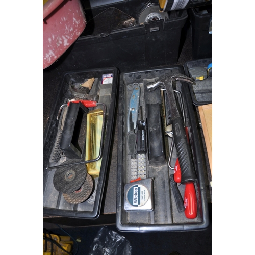 1064 - THREE TOOLBOXES INCLUDING TOOLS including a Mitoyu combination square, two router bit sets, a Stanle... 