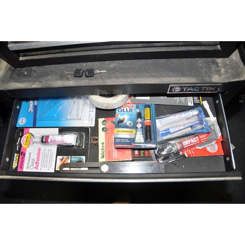 1084 - A TACTIX DOUBLE STACKING MECHANICS TOOLBOXES with two keys containing tools including drill bits, mo... 