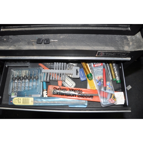 1084 - A TACTIX DOUBLE STACKING MECHANICS TOOLBOXES with two keys containing tools including drill bits, mo... 