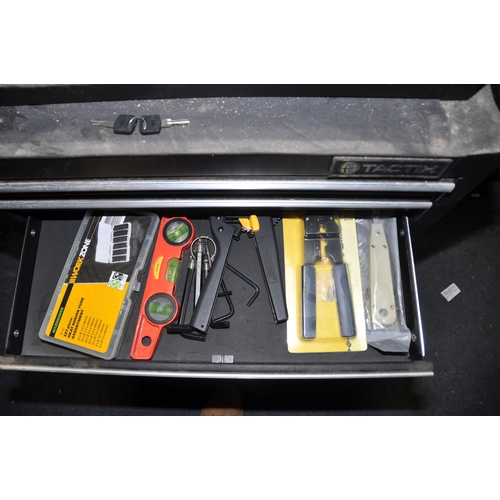 1084 - A TACTIX DOUBLE STACKING MECHANICS TOOLBOXES with two keys containing tools including drill bits, mo... 