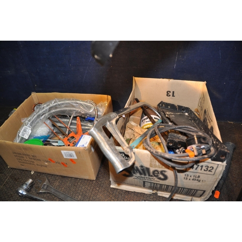 1093 - TWO INSPECTION LAMPS AND TWO BOXES OF TOOLS including adjustable spanners, spanners, pipe fittings, ... 