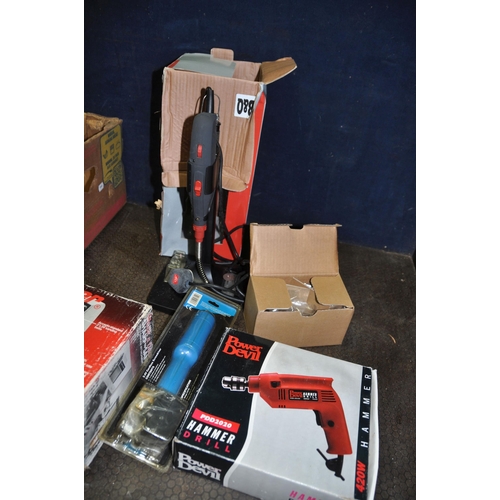 1101 - A TRAY CONTAINING TOOLS including a Performance Rotary tool on stand, Power Devil Drill, Bosch Detai... 