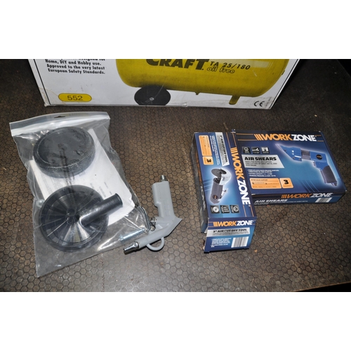 1102 - A POWER CRAFT TA25/180 COMPRESSOR in original box with a Workzone Air Shear and a Workzone Air Cut o... 