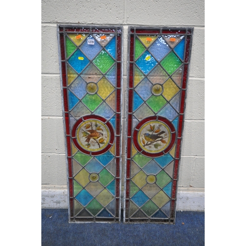 1278 - AN OPPOSING PAIR OF LEAD GLAZED WINDOWS, with red border, surrounding  multi-coloured panes, with a ... 