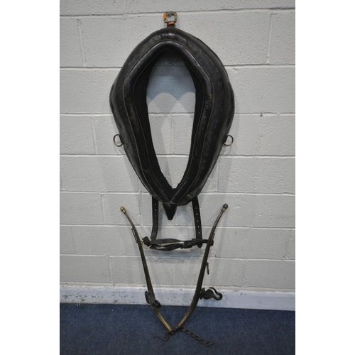 1282 - A LARGE LEATHER HORSE COLLAR, width 66cm x height 90cm, along with a pair of brass horse hames (cond... 