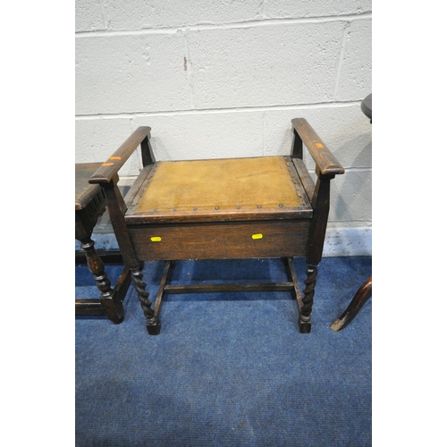 1285 - AN EARLY 2OTH CENTURY OAK BENCH, with wavy apron, turned and block legs, united by stretchers, lengt... 