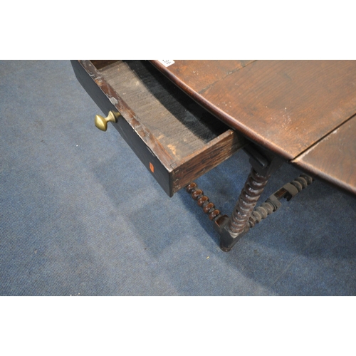 1286 - A GEORGIAN OAK OVAL BOBBIN TURNED GATE LEG TABLE, with a single drawer to each end, open width 182cm... 