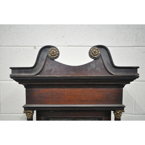 1289 - A GEORGIAN OAK CASED 30 HOUR LONGCASE CLOCK, with twin swan neck pediment, above double pillar suppo... 