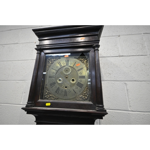 1290 - A 19TH CENTURY OAK CASED EIGHT DAY LONGCASE CLOCK,  the glass door enclosing a 10.5 inch dial, engra... 