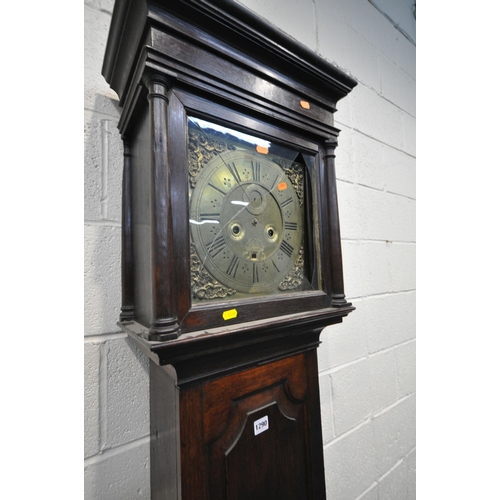 1290 - A 19TH CENTURY OAK CASED EIGHT DAY LONGCASE CLOCK,  the glass door enclosing a 10.5 inch dial, engra... 