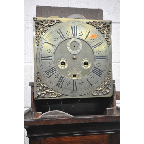 1290 - A 19TH CENTURY OAK CASED EIGHT DAY LONGCASE CLOCK,  the glass door enclosing a 10.5 inch dial, engra... 