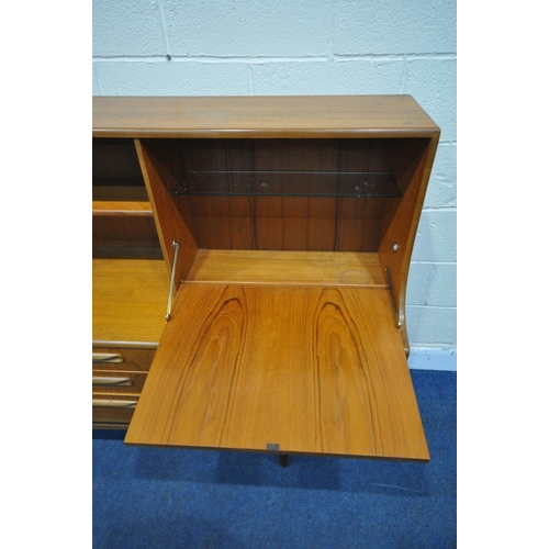 1294 - A MID CENTURY TEAK G PLAN HIGHBOARD, fitted with a sliding door and fall front door, above four door... 