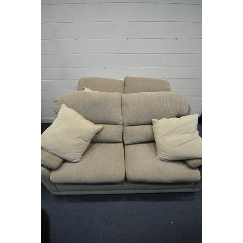 1302 - A BEIGE UPHOLSTERED TWO PIECE LOUNGE SUITE, comprising a pair of two seater sofas, length 195cm x de... 