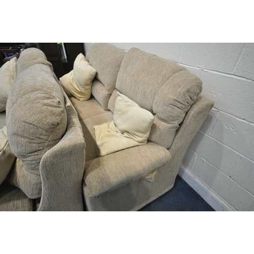 1302 - A BEIGE UPHOLSTERED TWO PIECE LOUNGE SUITE, comprising a pair of two seater sofas, length 195cm x de... 