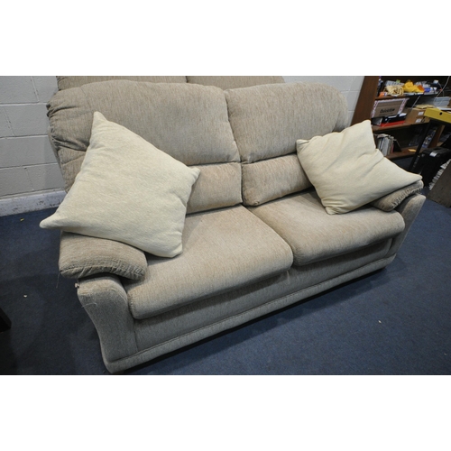 1302 - A BEIGE UPHOLSTERED TWO PIECE LOUNGE SUITE, comprising a pair of two seater sofas, length 195cm x de... 