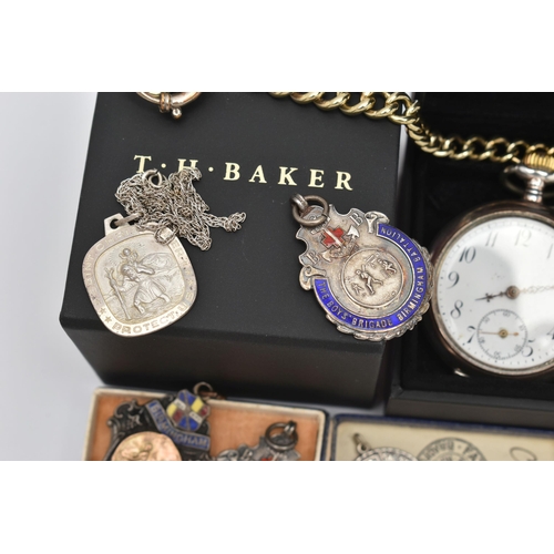 10 - AN OPEN FACE POCKET WATCH AND ASSORTED MEDALS, hand wound movement, round white dial, Arabic numeral... 