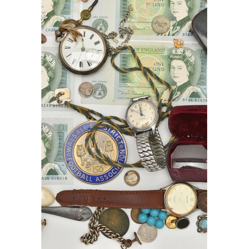 106 - A BOX OF ASSORTED ITEMS, to include a silver open face pocket watch, key wound, round white dial sig... 