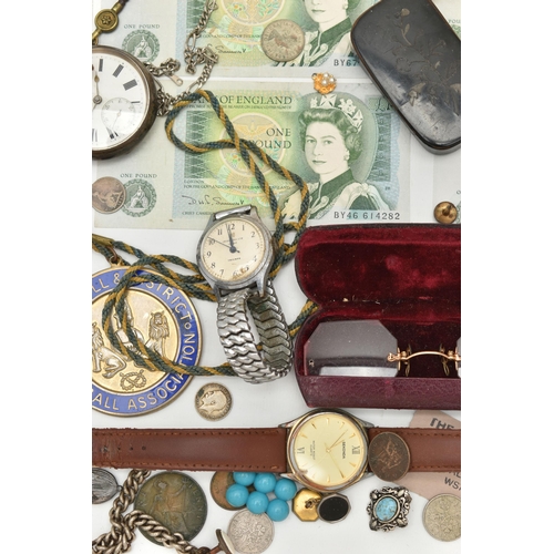 106 - A BOX OF ASSORTED ITEMS, to include a silver open face pocket watch, key wound, round white dial sig... 