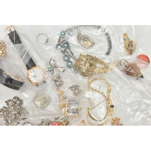108 - A BAG OF ASSORTED COSTUME JEWELLERY AND WATCHES, assorted jewellery items, including a signed 'Holly... 