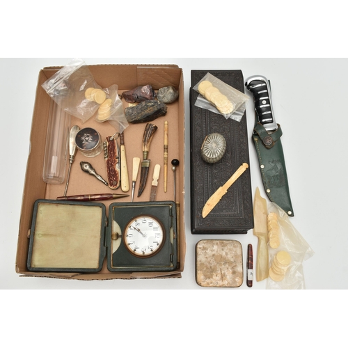 110 - A BOX OF ASSORTED ITEMS, to include a glass jar with a silver and tortoiseshell lid, hallmark rubbed... 