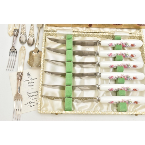 111 - AN ASSORTMENT OF CUTLERY, to include a cased set of six 'Royal Crown Derby China' knives, six mother... 