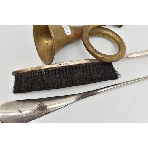 112 - A BOX OF ASSORTED ITEMS, to include a silver handled hat brush, hallmarked 'Deakin & Francis Ltd' Bi... 