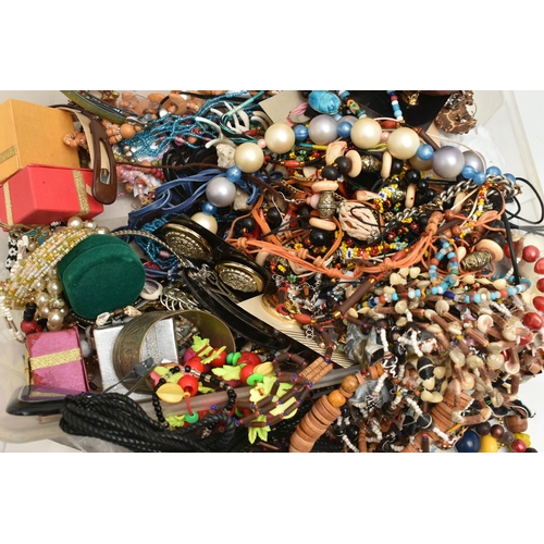 113 - A BOX OF ASSORTED COSTUME JEWELLERY, a selection of clip on earrings, beaded necklaces, bracelets an... 
