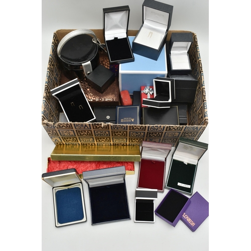 114 - A BOX OF EMPTY JEWELLERY BOXES, for rings, bracelets, earrings etc, and a small black travel jewelle... 
